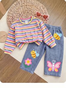 SHEIN 新生兒條紋長袖上衣與長褲休閒日常套裝 - 彩色 - 查看 7