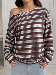 SHEIN EZwear 女款不對稱肩棕藍條紋運動衫，休閒極簡日常百搭，約會與外出穿搭，女款秋季服飾，秋季穿搭，女款通勤穿搭，百搭上衣，外出穿搭，機場穿搭 - 彩色 - 查看 3