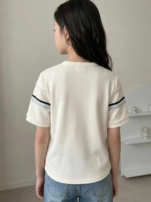 DAZY Basic Collared Striped Colorblock Short Sleeve T-Shirt For Tween Girls - Beige - View 5