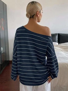 DAZY 女款條紋不對稱肩寬鬆街頭休閒T恤 - 藏蓝色 - 查看 8