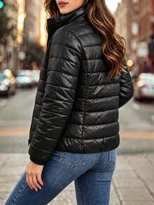 Editum Women's Winter Padded Coat With Pockets And Zipper Long Sleeve - Black - View 2