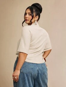 SHEIN BAE Plus Size Autumn Casual Solid Color Batwing Sleeve T-Shirt Gym Brown Fall - Apricot - View 5