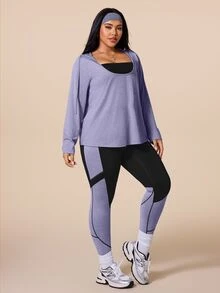 SHEIN Rhythm Era 大尺碼女款長袖連帽T恤與緊身褲對比色運動服套裝 冬季 - 彩色 - 查看 5