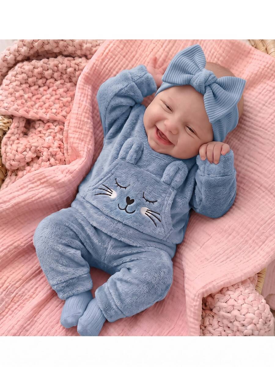 SHEIN 新生女嬰卡通刺繡3D耳朵設計衛衣與秋冬長褲套裝 - 霧霾藍 - 查看 1