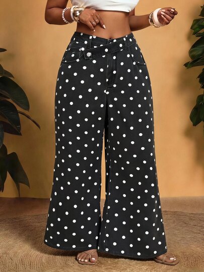 Slaydiva Festival Plus Size Women's White Non-Stretch Polka Dot Slim Straight Leg Jeans