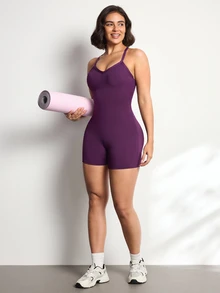 Easithlete Women's Solid Color Back Criss-Cross Cutout Design Spaghetti Strap Sports Romper - Bold Plum - View 5