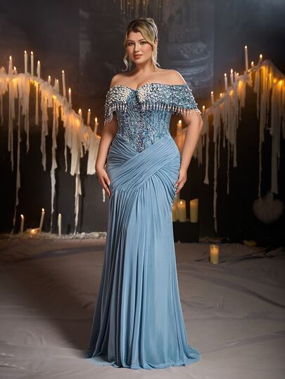 Glamrae Plus Size Elegant Luxurious Blue Beaded Sequin Embroidered Lace Pearl Diamond Patchwork Elastic Knit Mesh Mermaid Skirt With Tassel Sleeve Design, Suitable For Wedding, Party, Bachelor Party, Vacation, Ball, Evening Gala (Heavy Workmanship Style)