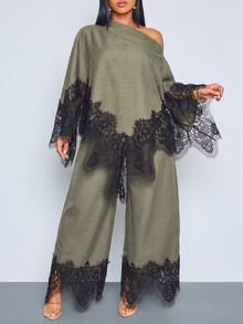 SOLERSUN Plus Size Women's Asymmetric Hem Contrast Lace Asymmetrical Shoulder Blouse And Wide Leg Pants Elegant 2 Pieces Set Fall Cocktail Brunch Olive Green - Army Green - View 2