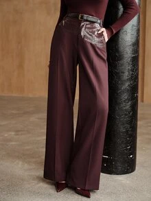 Anewsta Women's Elegant Burgundy Loose Fit Pants, Urban Modern, Casual Commute - Burgundy - View 1