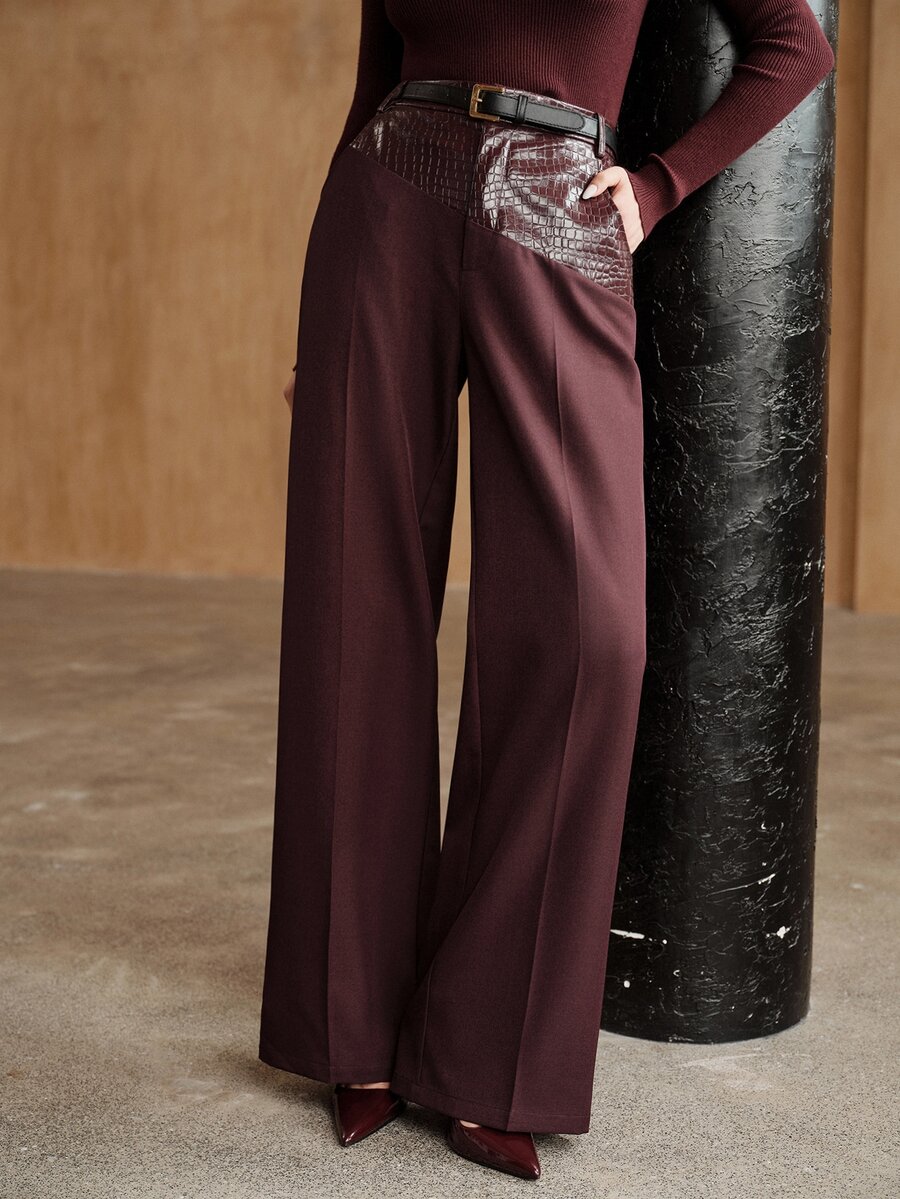 Anewsta Women's Elegant Burgundy Loose Fit Pants, Urban Modern, Casual Commute - Burgundy - View 1