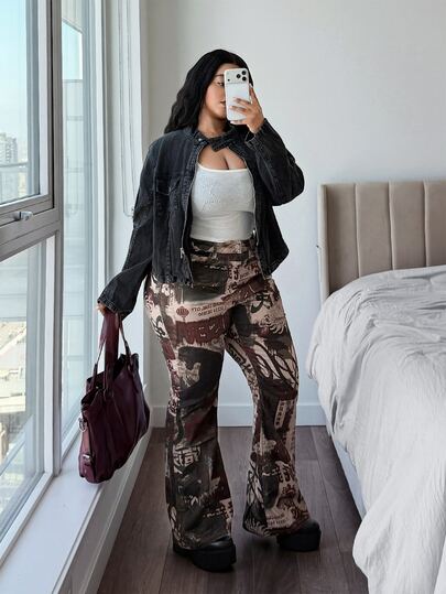 Jeanoix Cowgirl Outfit Plus Size Y2K Denim Women's Printed Elastic Sexy Slim Fit Long Pants