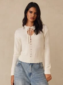 SHEIN Glamour كنزة نسائية بلون موحد كاجوال متعددة الاستخدامات يومية بأكمام طويلة - أبيض - مشاهدة 4