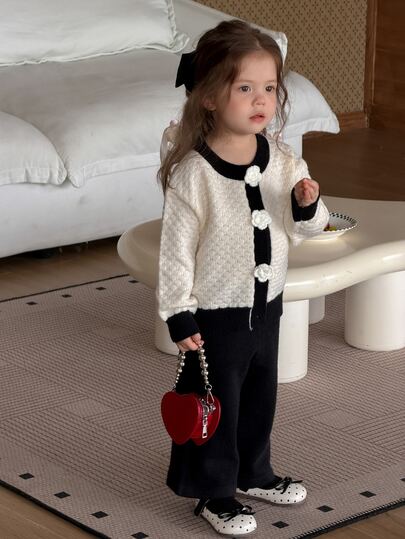 DAZY Baby Girl Korean Style Long Sleeve 3D Floral Decor Spring/Autumn Knit Cardigan And Knit Pants Set