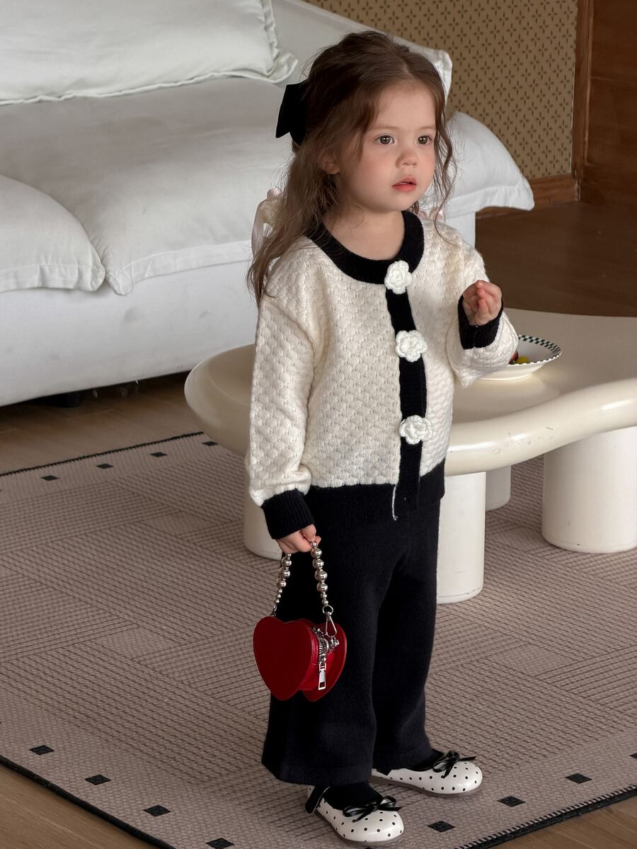 DAZY Baby Girl Korean Style Long Sleeve 3D Floral Decor Spring/Autumn Knit Cardigan And Knit Pants Set - Black and White - View 1