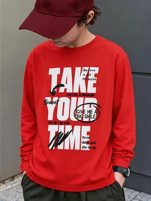 Kids Tween Boys Casual Letter Print Red Long-Sleeve T-Shirt Suitable For The Fall Back-To-School Season Christmas Birthday Party, Taking Photos - Red - View 1