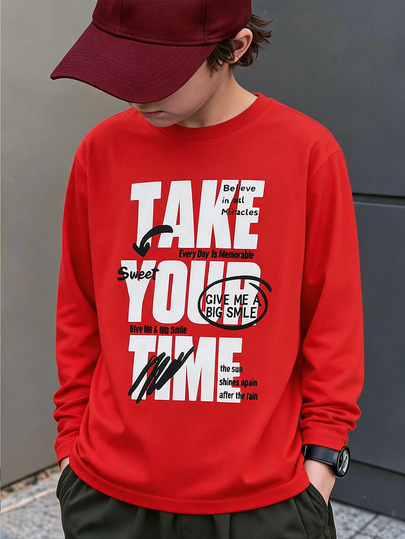 Kids Tween Boys Casual Letter Print Red Long-Sleeve T-Shirt Suitable For The Fall Back-To-School Season
