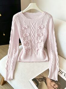 Elamini 女款粉色休閒百搭甜美3D蝴蝶結套頭毛衣，適合日常通勤與約會，秋冬款 - 淺粉色 - 查看 1