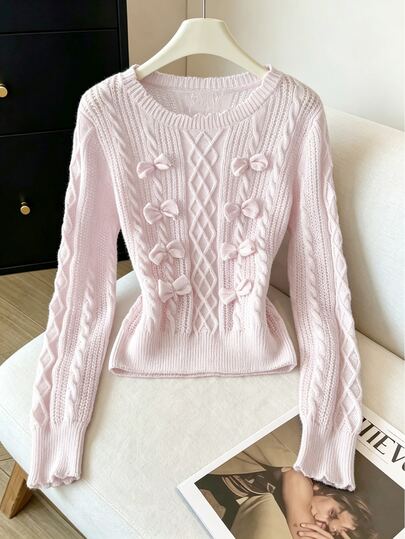 Elamini Suéter de punto rosa casual versátil y dulce con lazo 3D para mujer, para uso diario y citas, otoño/invierno