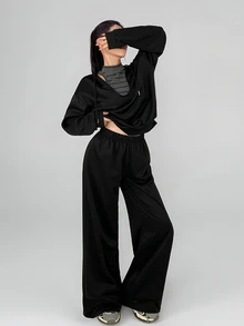 DAZY Women's Striped Halter Tank Top And Long Sleeve Hooded Sweatshirt With Loose Pants Sports Set - Black - View 7