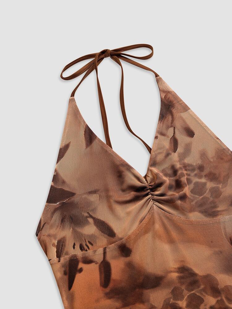 SHEIN Allurite Asymmetrical Hem Printed Halter Neck, Women's Vacation Pink Dress - Brown - View 6