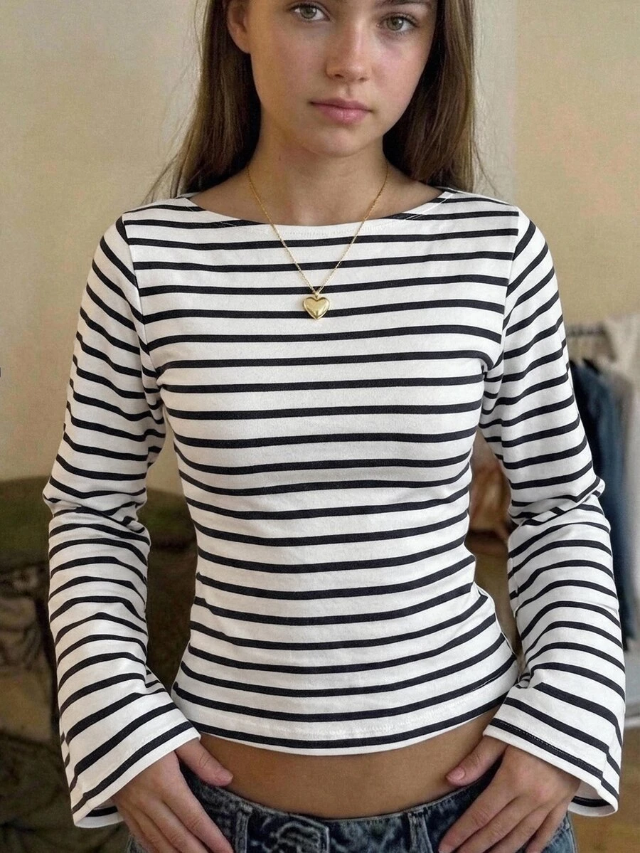 SHEIN 青少年女孩藍色與白色條紋長袖針織T恤童裝 - 黑色 - 查看 1