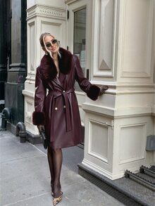 Lavishia 女款優雅老錢風秋冬紫色PU拼接毛領長款蓬鬆PU皮革風衣，高端PU配毛領，適合宴會、機場、度假、萬聖節、聖誕節、新年、通勤，秋冬女裝 - 酒紅色 - 查看 1