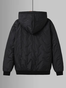 SHEIN 兒童青少年男孩保暖內裡加厚黑色夾克，秋冬款，絎縫外套，冬季外套，派克大衣，填充外套，填充外套，絎縫外套 - 黑色 - 查看 5