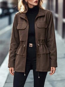 Editum Women's Solid Color Pocket Adjustable Waist Thermal Lined Winter Jacket - Brown - View 8