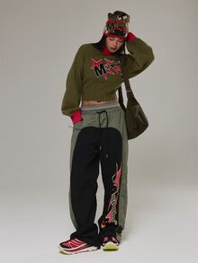 Musera Sport High Neck Contrast Colour Embroidered Logo Balloon Sleeve Cropped Knitted Jumper Active Fall Winter - Army Green - View 3