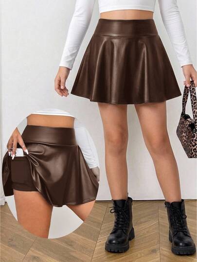 SHEIN Tween Girl Brown Faux Leather Mini Skirt With Shorts Lining And Pockets, PU Skirt, PU Skort