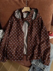 Solflare Polka Dot Print Hooded Casual Plus Size Jacket Autumn Fall - Mocha Brown - View 6