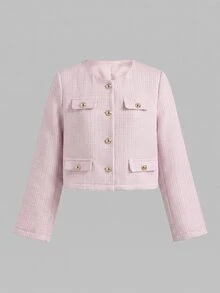 SHEIN 青少年女孩秋冬款白色粉色金屬鈕扣優雅休閒圓領短款粗花呢夾克，秋季服飾，校園穿搭 - 粉色 - 查看 5