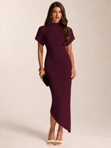 SHEIN BAE Korean Style Elegant Ribbed Knit Asymmetrical Bodycon Dress For Women Summer Slimming Fitted Stretch Body-Hugging Base Brunch Tea Party Off-White - Purple - View 3