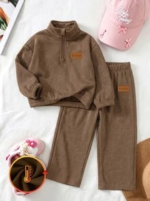 SHEIN 女童復古水洗棕色半拉鍊運動衫與寬腿褲套裝，優雅加厚抓絨內裡秋冬套裝 - 棕色 - 查看 6