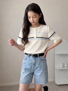 DAZY Basic Collared Striped Colorblock Short Sleeve T-Shirt For Tween Girls - Beige - View 3