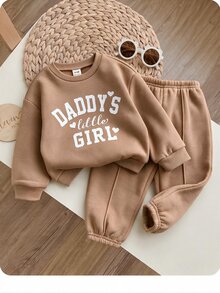 SHEIN Babygirl 針織秋冬字母圖案長袖衛衣與鬆緊腰長褲 2件組 - 棕色 - 查看 1