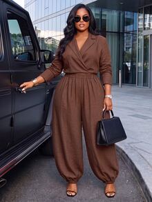 Poshavie Poshavie Plus Size Blazer Collar Wrap Long Sleeve Top & Elastic Waist Cuffed Pants Casual 2 Pieces Set - Coffee Brown - View 1