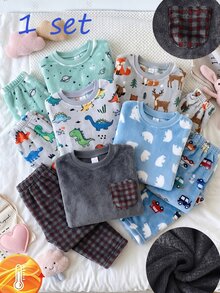 Genkimix Kids 男童灰色毛絨格紋長袖上衣與長褲休閒舒適兩件式家居服套裝 - 深灰色 - 查看 8