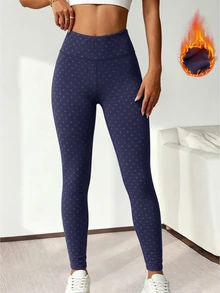 Slayform Women's Thermal Lined Thick Polka Dot Print Leggings - Navy Blue - View 7