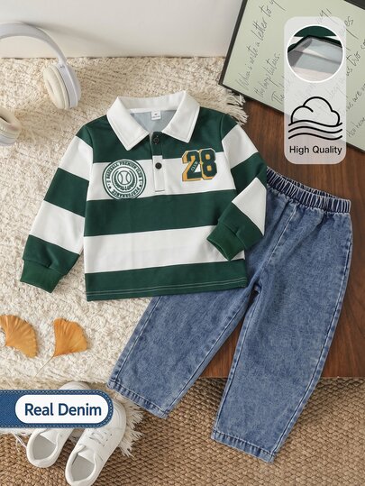 SHEIN 2 Peças Conjunto para Menino Jovem, Moletom Polo de Manga Longa Confortável e Tricotado 2 em 1 para Crianças, Elegante e Estiloso com Estampa no Peito e Design de Nicho, Combinado com Calça Longa Casual Cáqui, Design de Cintura Elástica, Ajuste Solto, Adequado para Ocasiões de Outono como Férias, Escola, Passeios Diários