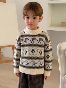 Hapijoa Boys (Small) Casual Patterned Long Sleeve Thick Sweater Top, Autumn/Winter - Beige - View 6
