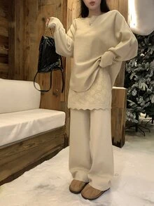 DAZY Women's Round Neck Long Sleeve Korean Style Elegant Sweater 2 Pieces Set - Khaki - View 5