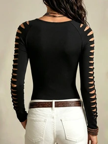 EMERY ROSE Women's Designer Cut-Out Waist T-Shirt - Black - View 2