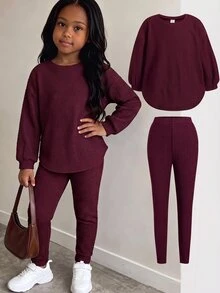 Young Girl 咖啡色紋理針織兩件套休閒百搭日常秋季新款返校萬聖節假期派對女童套裝 - 酒紅色 - 查看 3