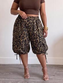 Slaydiva Plus Size Women Leopard Print Pocket Tie Design Casual Capris - Brown - View 8