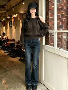 INAWLY Autumn Sweet Fluffy Cold Shoulder Round Neck Sweater - Coffee Brown - View 4