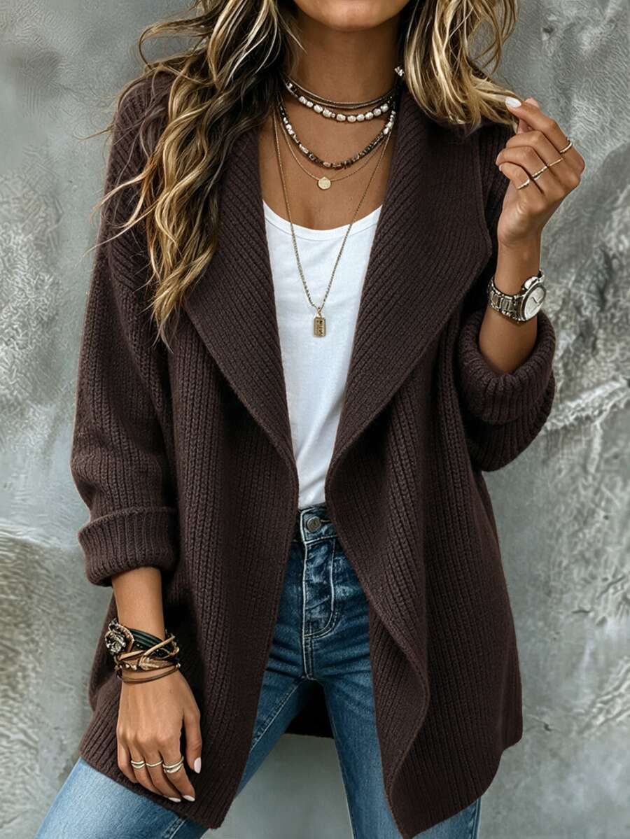 SHEIN Waterfall Collar Drop Shoulder Cardigan - Chocolate Brown - View 1