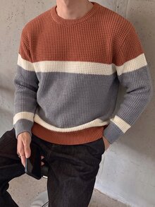 TONEVAULT Áo len nam kiểu Mỹ casual phối màu kẻ sọc, phong cách Old Money retro patchwork, dáng rộng, cổ tròn, tay dài, dệt kim chui đầu, mặc đi làm và thường ngày mùa thu/đông - Nhiều màu - Xem 3