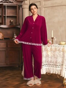 Côtesoire Plus Size Women's French Elegant Velvet Contrast Color Lace Long Sleeve Pants Pajama Set - Burgundy - View 7