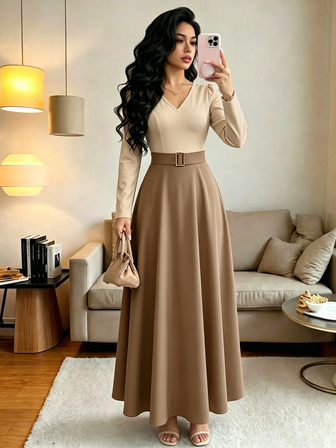 Selianne Women's Fashion New V-Neck Colorblock Long Sleeve High-End Waist-Cinching Elegant Luxury Commute Minimalist Elegant Interview Business Trip Dress